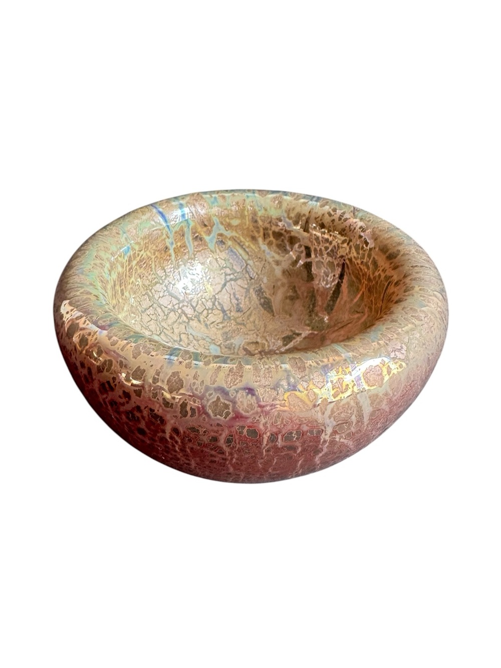 Vintage Art Glass Bowl Iridescent Crackle Red Gold Barovier Style Votive Holder